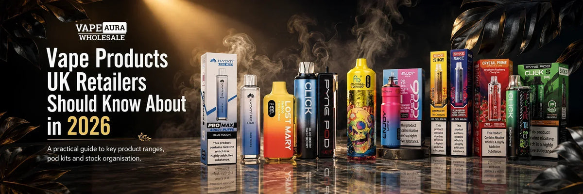 Vape products UK retailers should know about in 2026 featuring Hayati, Lost Mary, Crystal Prime, R&M, SKE and Pyne Pod ranges